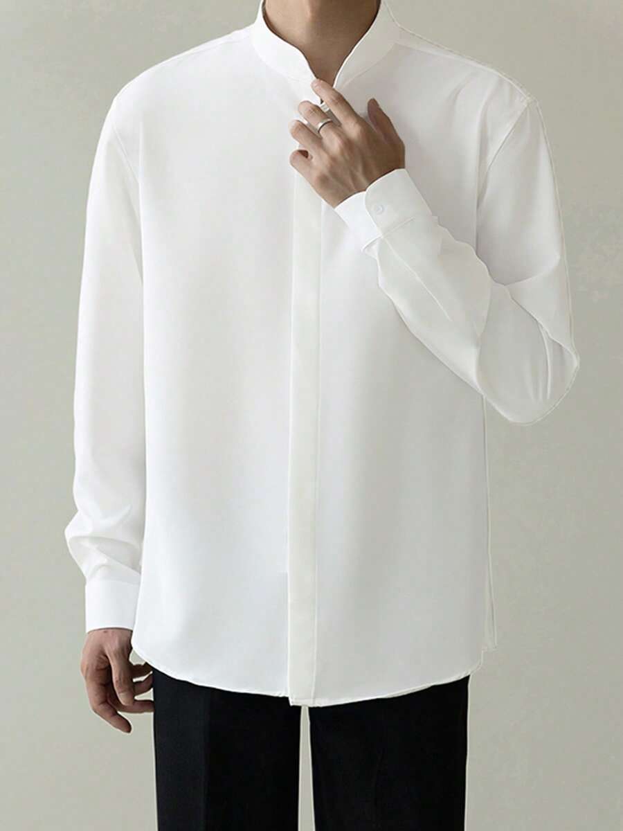 INCERUN Mens Stand Neck Long Sleeve Slim Fit Blouse Tops Party Casual Office Work Solid Shirt - 白色 - 查看 1