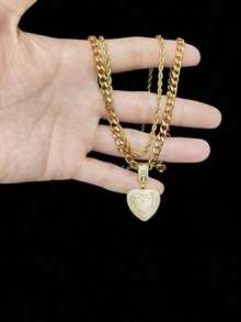 2pcs/Set - 1pc Cubic Zirconia Heart Pendant & 2pcs Stainless Steel Necklaces, Women's Hip Hop Pendant Necklace, Fashionable Retro Pendant Necklace, Suitable For Daily Wear Or Parties, Valentine's Day Gift 1YNA - 黃金 - 查看 4