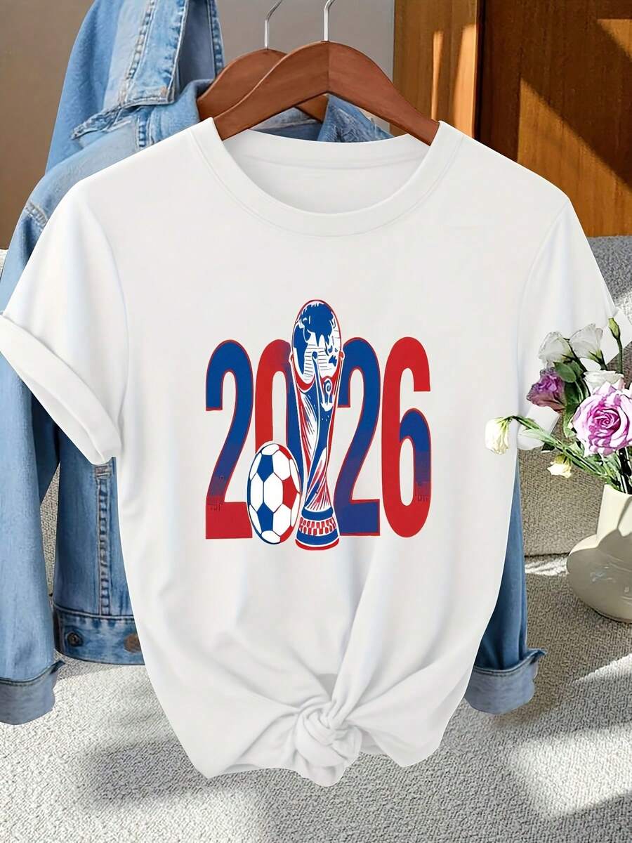 2026 World Soccer Gradient Number T - Shirt, Bold Red - Blue Text With Soccer Ball & Trophy, Casual Tie - Bottom Black T - Shirt For Fans, Indoor Hanger Display Design - 白色 - 查看 1