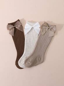 3 Pairs Baby Girls' Sweet Cute Bow Decor Ribbed Knee High Socks - Multicolor - View 6