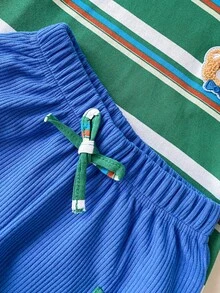 两件套男婴条纹圆领针织上衣和蓝色弹力腰短裤套装 - 墨綠色 - 查看 6