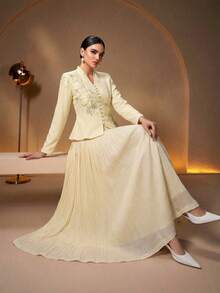 2pcs Women's Elegant V-Neck Applique Design Pleated Dress, Suitable For Daily, Festival, Casual Occasions, Solid Color Spring - Pale Yellow - View 2