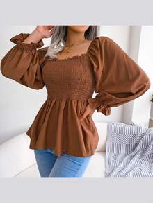 Blusa de manga larga de gasa con volantes y cuello cuadrado | Estilo casual, nueva colección de primavera/verano - marrón café - Ver 2