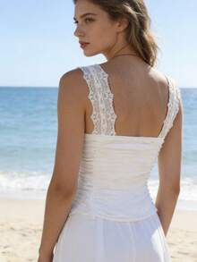 Womens Lace Trim Tank Tops  Sleeveless V Neck Solid Color Tops Slim Fit Shirts - 象牙白 - 查看 6