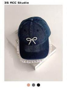 Bow Tie Baseball Cap, New Spring/Summer Bucket Hat, Pink Cute Visor Hat, Beret, Spring New Lace Trim Denim Baseball Cap, Sweet Cute 3D Faux Pearl Bow Tie Visor Hat, Summer Outfit,Beach,Vacation,Holiday,Travel - Multicolor - View 7