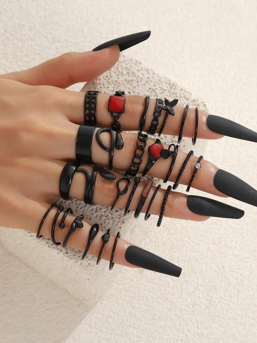 Juego de 27 piezas de anillos elegantes y lujosos para mujer con incrustaciones de cristales de colores con diseños geométricos de serpiente, mariposa y corazón - Negro - Ver 1