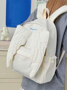 女士时尚天使翅膀背包，3D绗缝羽毛设计，清新可爱，大容量，适合上学和通勤，甜美少女风格，点亮日常穿搭。 - 白色 - 查看 2