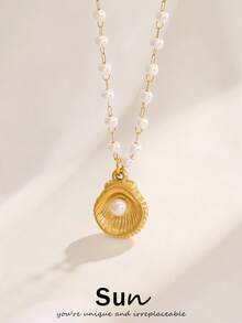 1pc Stainless Steel Pearl Shell Pendant Necklace For Women Fashion Simple Elegant Pearl Beads Necklaces Jewelry - Necklace - View 1