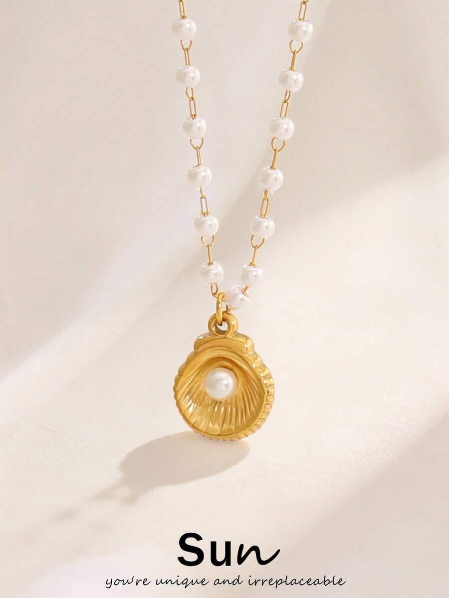1pc Stainless Steel Pearl Shell Pendant Necklace For Women Fashion Simple Elegant Pearl Beads Necklaces Jewelry - Necklace - View 1