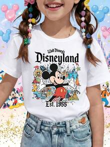 Disneyland Est 1955 Mickey Mouse Retro Theme Park Printed Pattern T-Shirts For Girls - Children's Clothing Design Short-Sleeved Casual And Cute Style Comfortable And Casual Wear All Year Round Suitable For Parties And Play Machine Washable Gift Children's Clothing Girls' Short-Sleeved Shirts - White - View 1