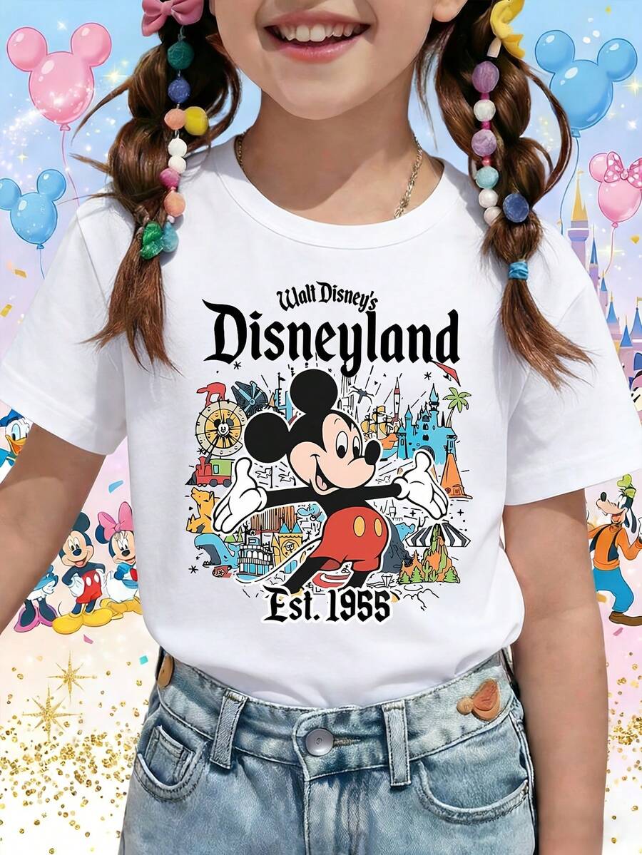 Disneyland Est 1955 Mickey Mouse Retro Theme Park Printed Pattern T-Shirts For Girls - Children's Clothing Design Short-Sleeved Casual And Cute Style Comfortable And Casual Wear All Year Round Suitable For Parties And Play Machine Washable Gift Children's Clothing Girls' Short-Sleeved Shirts - White - View 1