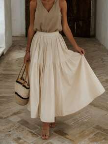 纯色休闲优雅褶裥松紧腰半身裙 春季 - 杏色 - 查看 1