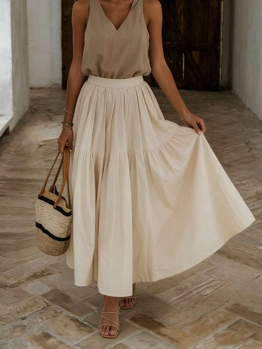 纯色休闲优雅褶裥松紧腰半身裙 春季 - 杏色 - 查看 1