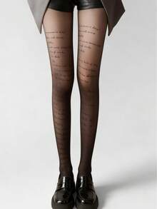 1 Pair Women's New Letter Print Black Pantyhose, Thin Sheer Tights, Black INS Nightclub Hot Girl Fashion, Y2K Punk Style, Perfect For Festivals & Rock Music Festivals - Black - View 2