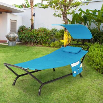 COSTWAY Outdoor Hammock With Canopy, Patio Hanging Chaise Lounge Chair W/ Cushion, Pillow & Storage Bag, Heavy Duty Swing Hammock Bed W/ Stand For Garden Lawn Backyard Patio Poolside Porch, Blue