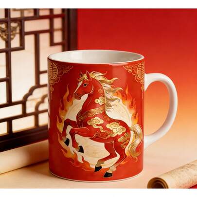 1pc/5pcs 11oz Ceramic Mug. Red Holiday & New Year Vibe With Red Horse Pattern. Suitable For Home, Office, School, For Tea, Coffee Or Juice. Perfect Gift For Family, Boyfriend/Girlfriend On Holidays Or Birthdays.