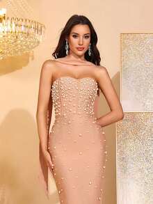 水钻无肩带开衩抹胸伴娘礼服，派对绷带裙 - 卡其色 - 查看 2