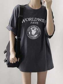 Áo thun ngắn tay nữ in chữ, kiểu dáng mùa hè thường ngày. - Xám - Xem 1