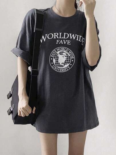 Áo thun ngắn tay nữ in chữ, kiểu dáng mùa hè thường ngày.