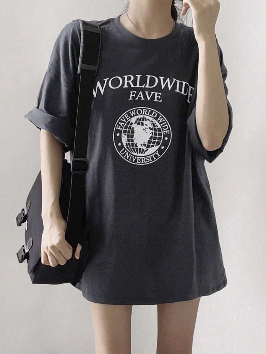 Áo thun ngắn tay nữ in chữ, kiểu dáng mùa hè thường ngày. - Xám - Xem 1