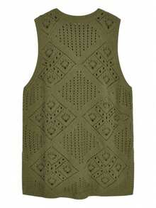 Hollow Out Sleeveless Women Round Neck Short Sleeve Sweater Dress - Army Green - View 3