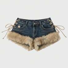 Summer New Women's Retro Design Fluffy Splicing Jeans Shorts Y2k Low-Rise Strap Slim Hot Pants - 藍色 - 查看 4