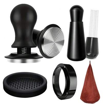 One 51/53/58mm Espresso Coffee Tamper Set With 5 Accessories, With Spring Loaded Calibrated Tamper ,WDT Tool, Tamper Mat, Dosing Funnel, Cleaning Towel,Premium Espresso Machine Tools For Coffee Lover