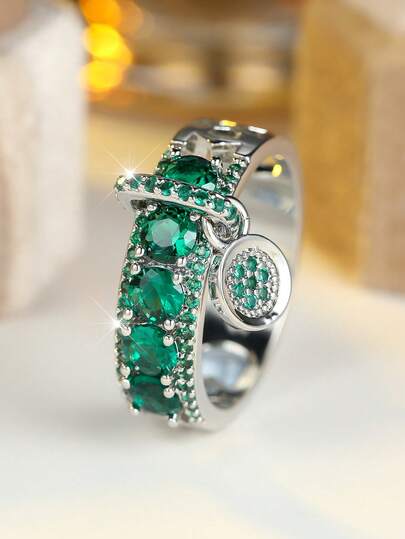 1pc Elegant Round Green Synthetic Zirconia Plated White K Color Disc Pendant Design Ring, Suitable For St. Patrick's Day, Wedding, Party, Daily Wear, All Seasons