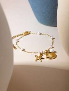 A Summer Versatile Starfish Shell Pendant, Pearl Titanium Steel Bracelet, Elegant And Fashionable Accessory - Starfish Shells - View 1