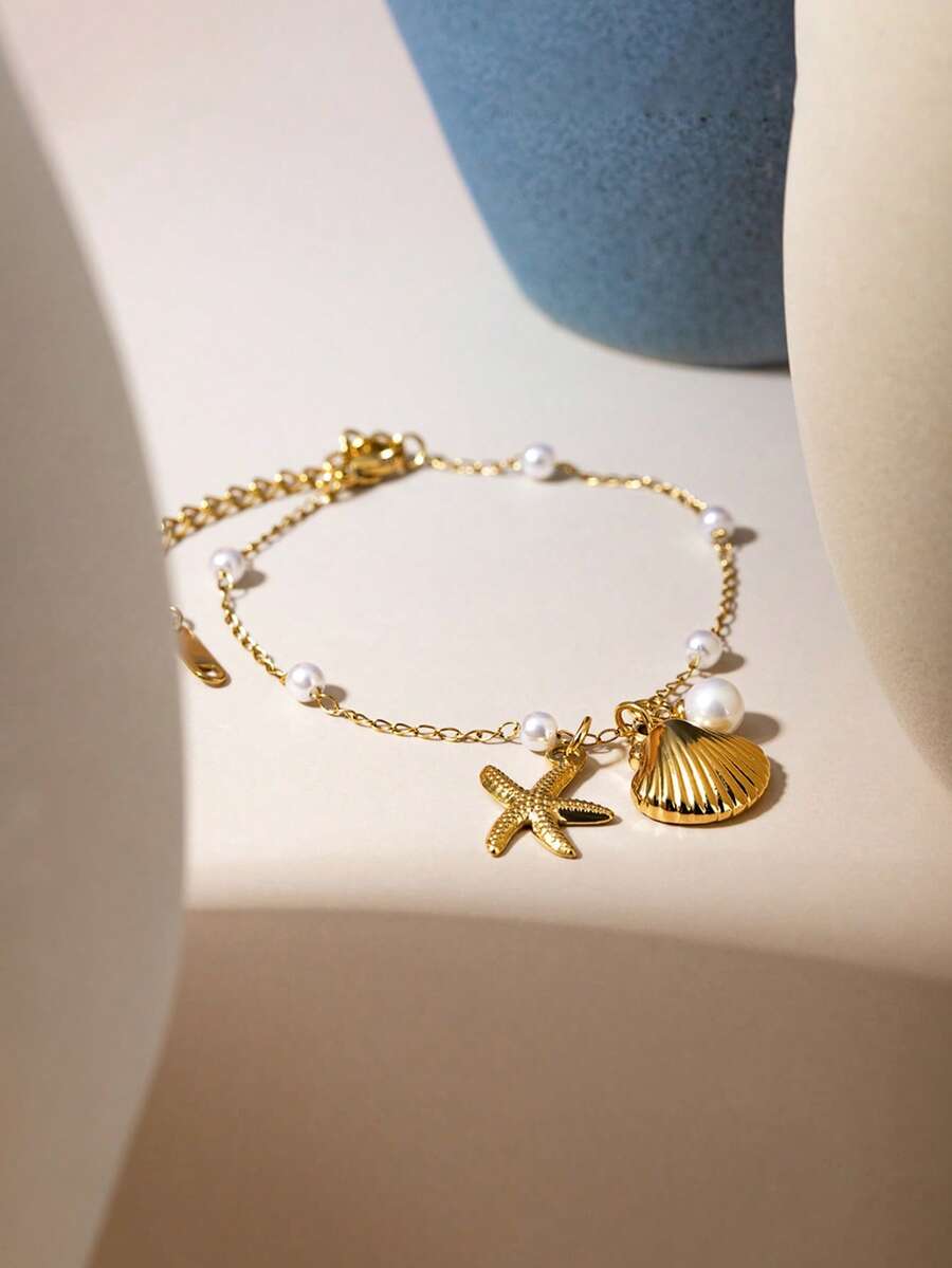 A Summer Versatile Starfish Shell Pendant, Pearl Titanium Steel Bracelet, Elegant And Fashionable Accessory - Starfish Shells - View 1