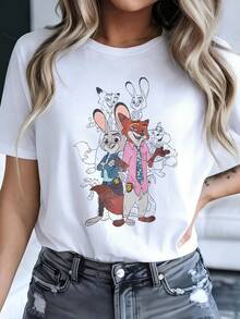 Disney Official Authorization, Womens Casual Cotton Short Sleeve Regular Round Neck Zootopia Graphic Print T-Shirt, Men's Sizes Suitable For The Whole Family - 白色 - 查看 1