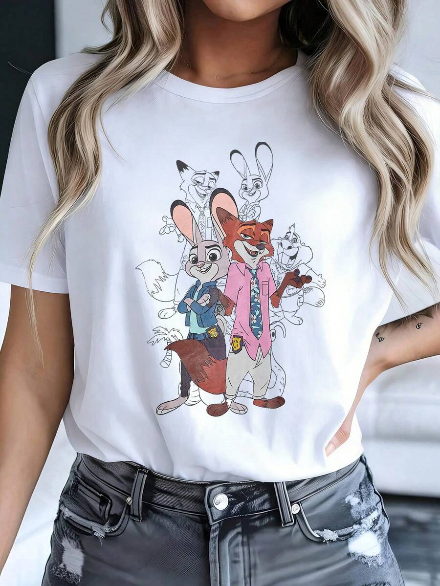 Disney Official Authorization, Womens Casual Cotton Short Sleeve Regular Round Neck Zootopia Graphic Print T-Shirt, Men's Sizes Suitable For The Whole Family - 白色 - 查看 1