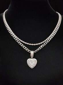 2pcs/Set - 1pc Cubic Zirconia Heart Pendant & 2pcs Stainless Steel Necklaces, Women's Hip Hop Pendant Necklace, Fashionable Retro Pendant Necklace, Suitable For Daily Wear Or Parties, Valentine's Day Gift 1YNA - 黃金 - 查看 5