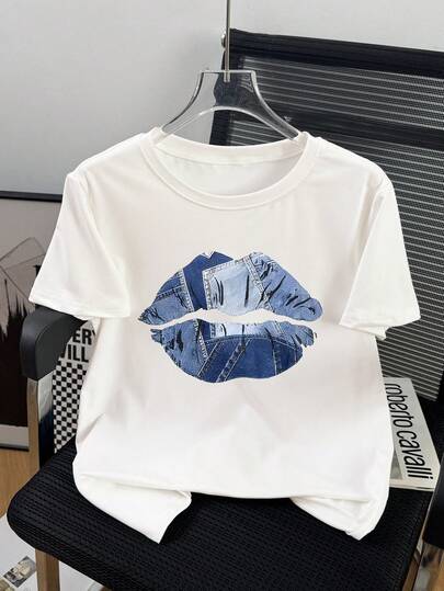 Plus Size Women Summer Casual Blue Patchwork Sexy Lip Print Daily T-Shirt Top