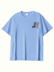 2026 Summer Women's Customized Pure Cotton Light Blue T-Shirt, Left Chest Cup-Holding Dog, Back Fashion Glasses Dachshund Dog, Red Lettering, Casual Style - Light Blue - View 3