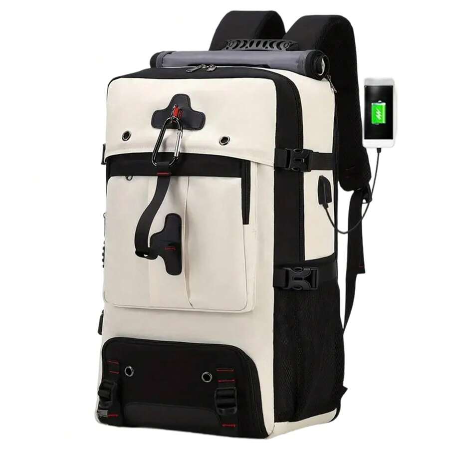 YSTYLE 易捷航空手提行李背包 52x32x17厘米/57x30x20厘米/63x35x23厘米 男女通用登機箱包 15.6英寸筆記型電腦背包 帶USB充電器 徒步旅行背包 - 米白黑 - 查看 1
