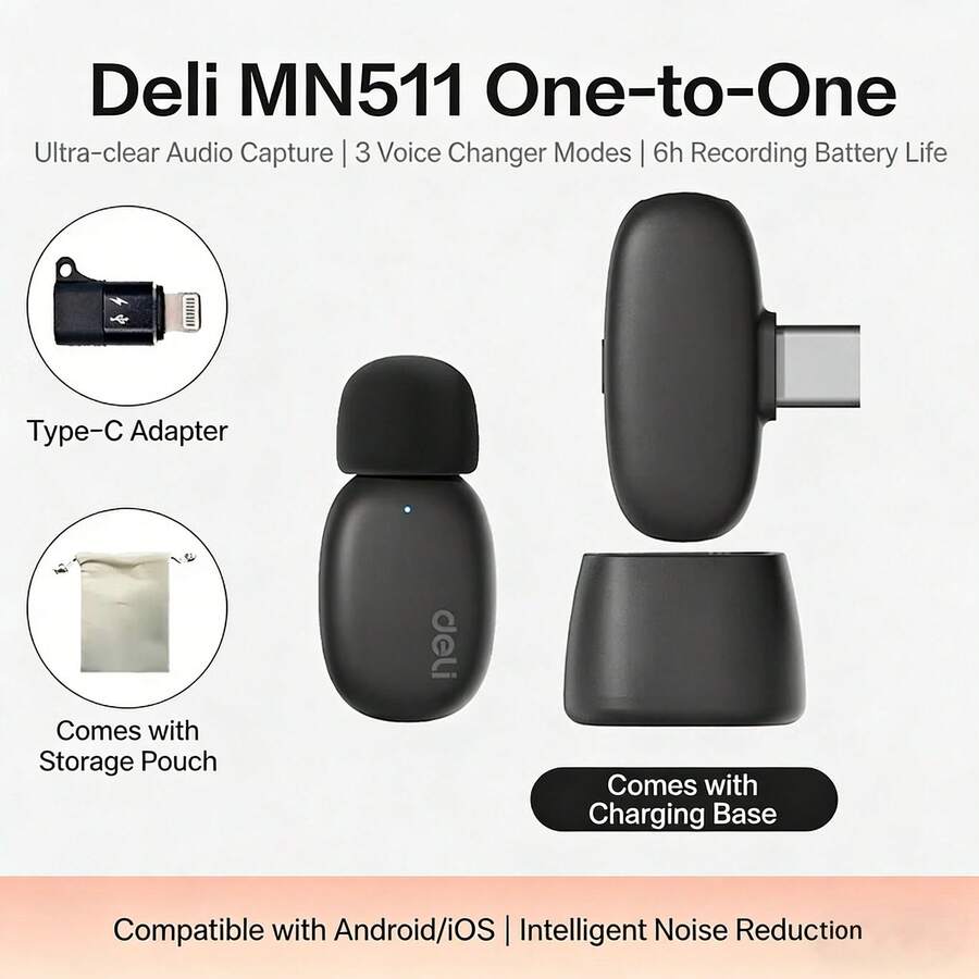 DELI MN511 Wireless Lavalier Microphone, Suitable For Mobile Live Streaming, Noise Cancellation, Small Recording, Anti-Interference, Single Mic With Charging Base - View 1