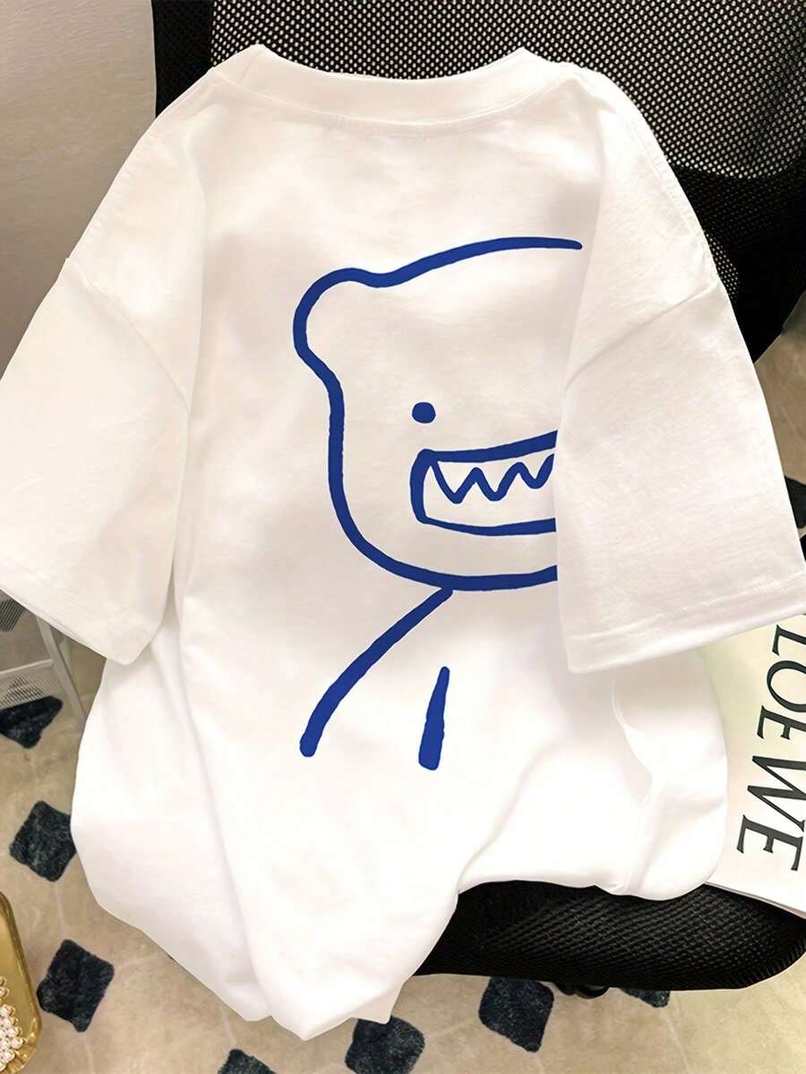Men'S Cute Bear Face Graphic T-Shirt - Soft Everyday Casual Tee for Teens & Adults - Lightweight Summer Shirt - White with Blue Line Art Design - Layering Essential for Outfits, Playful Design, Comfortable Fit, Streetwear Style, Trendy Top, Breathable Material, Short Sleeve Top, Teen Clothing - Blanco - Ver 1
