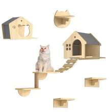HUONIU Repisas para Gatos Pared Escalador De Gatos De Madera Estable 8 Piezas Escalador para Gato con Casa para Gatos Puente Árbol Escalones Y Rascador para Paredes Pequeñas y Grandes - como en la foto - Ver 1
