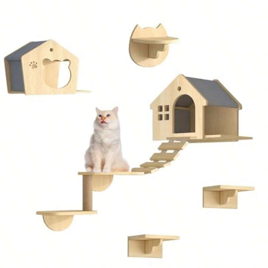 HUONIU Repisas para Gatos Pared Escalador De Gatos De Madera Estable 8 Piezas Escalador para Gato con Casa para Gatos Puente Árbol Escalones Y Rascador para Paredes Pequeñas y Grandes - como en la foto - Ver 1