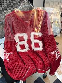 女士夏季宽松大码卫衣，休闲数字印花优雅轻盈镂空针织上衣，春季款 - 酒紅色 - 查看 4