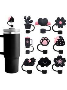Compatible With Stanley Cup Accessories 9Pcs Black Cue Straw Cover Cap For Cup 40 30oz Tumbler, 10mm Reusable Cute Drinking Straw Topper Accessories, Portable Protector Plugs Decorations Gifts For Party Cute Cartoon Straw Dust Cover, - 黑色 - 查看 2