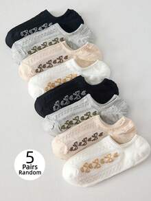 5双装女士短袜，黑白蝴蝶结设计，中筒袜，四季皆宜，颜色随机 - 彩色 - 查看 8