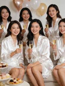 1件女士纯色优雅系带睡袍，性感短款缎面丝绸柔软睡衣，适合新娘、伴娘、居家穿着，婚礼季短款睡袍，字母印花，浴袍和睡衣 - 白色 - 查看 7