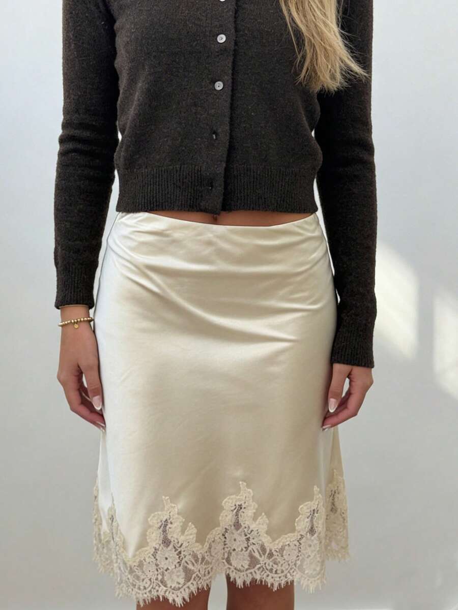 Women Satin Lace Trim Midi Skirt Polka Dot Print High Waist Long A-Line Skirts Vintage Silk Going Out Dress Y2k Streetwear Party Clubwear - 杏色 - 查看 1