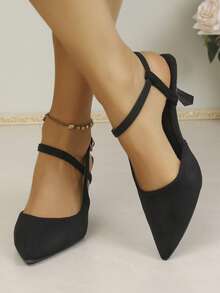 New Women's Black Suede Pointed Toe Criss-Cross Strap, Open Back Mid-Heel Sandals, Elegant Office Shoes - Black - View 2