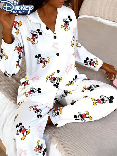 Disney סט פיג'מות חמוד ויפה לנשים, 1 חולצה עם צווארון קז'ואל והדפס שרוולים ארוכים ומכנסיים, גזרה נוחה ורפויה, מתאים לאביב, קיץ וסתיו