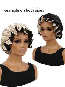 2pcs Dual-Layer Contrast Color Satin Sleep Cap/Wig Cap,Summer,Beach,Hat,Holiday,Travel - Black Rose Gold + Black Rose Red - View 5