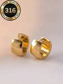 1 Pair Vintage Minimalist Wide Hoop Earrings, Stainless Steel Hypoallergenic Non-Fading Round Earrings, Unisex, Niche Design, Fashion Accessory For Women - Wide Ear Clip - View 6
