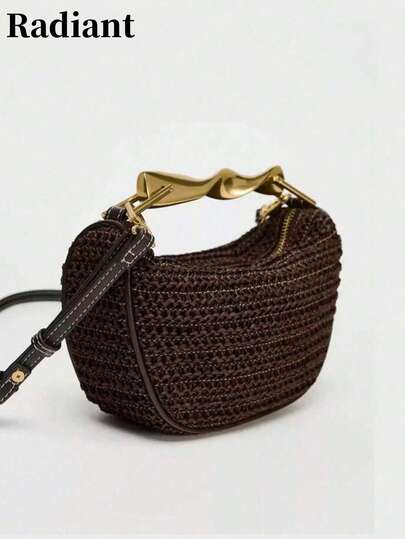 Mini Straw Woven Bag With Twisted Metal Handle, Detachable Crossbody Shoulder Strap, And Zip Closure. Perfect For Beach Outings, Dates, Shopping, Or As A Gift.